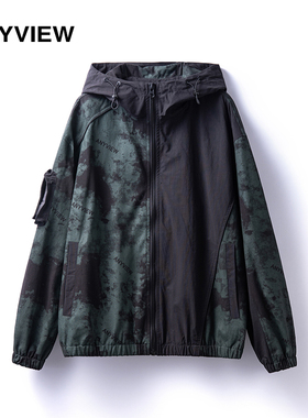 Anyview男装休闲青年春秋外套札染连帽拼接潮流工装夹克2311J1009