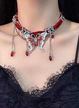 圣诞红色蝴蝶项圈流苏项链