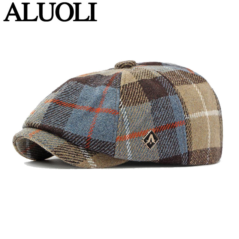 秋冬季贝雷帽男2025新款毛呢帽子日系文艺复古格纹鸭舌帽女八角帽