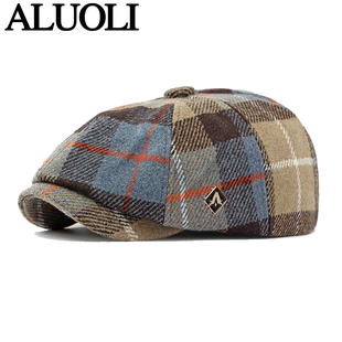 秋冬季贝雷帽男2025新款毛呢帽子日系文艺复古格纹鸭舌帽女八角帽