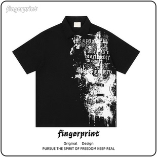 男式POLO衫短袖泼墨印花拼接设计哥特风英文标语亚文化摇滚打底衫