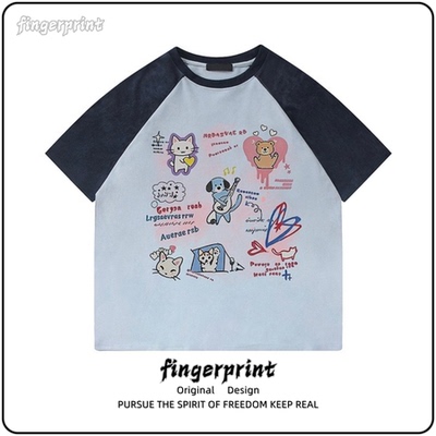 插肩情侣 麂皮绒T恤卡通动物满印印花手绘风宽松休闲男女同款上衣