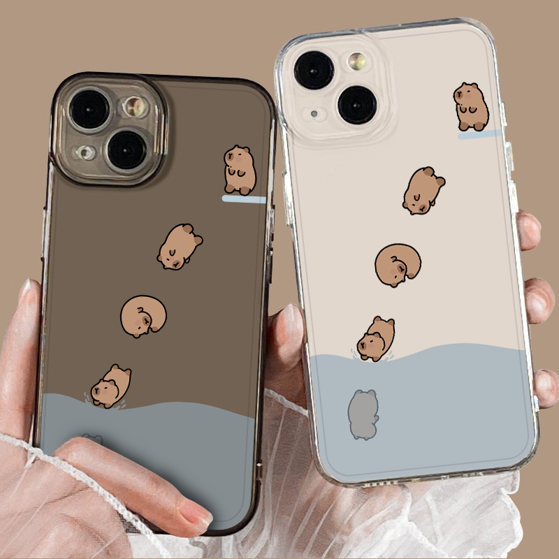 水豚跳水透明透黑苹果手机壳