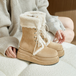 雪地靴女加绒加厚2023冬季新款复古保暖中筒马丁绑带靴厚底骑士靴