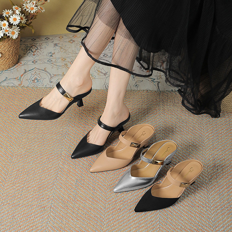 法式包头半拖鞋女细跟2025夏季新款气质优雅外穿尖头高跟凉鞋百搭