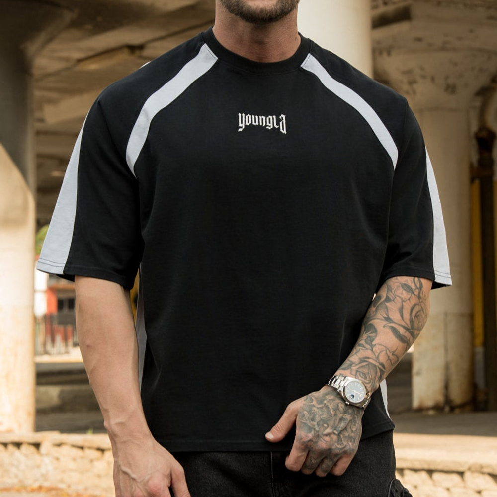 夏速干拼色美式t恤宽松大码短袖