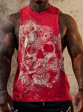 YOUNGLA美式宽松骷髅大印花肌肉青年背心潮流无袖t恤健美上衣红色