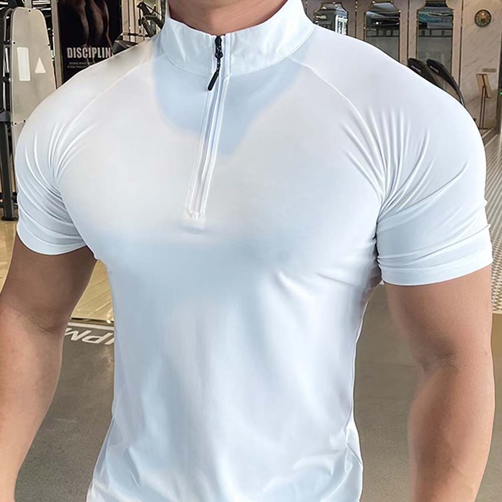 夏季速干高弹紧身小高领半拉链领口男短袖体育生专业训练健美t恤