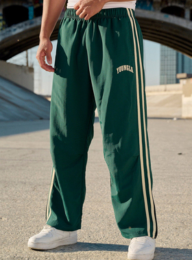 youngla春秋季美式男长裤宽松直筒双条休闲卫裤跑步训练健身裤子