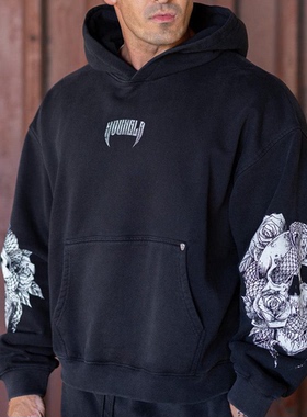 YOUNGLA秋冬季骷髅印花卫衣宽松连帽休闲套头衫户外跑步长袖黑色