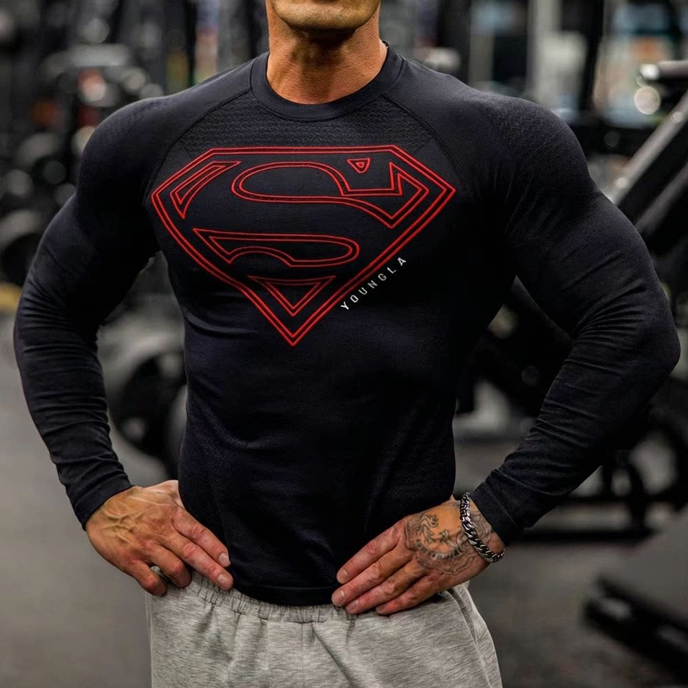 YOUNGLA联名超人速干高弹长袖体育生健身训练紧身t恤器械运动上衣