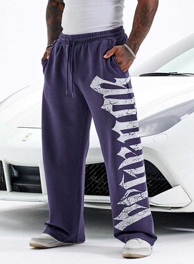 YOUNGLA全棉宽松大码美式大LOGO字母印花健身长裤户外休闲阔腿裤