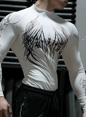 YOUNGLA速干压缩衣美式潮流印花紧身显肌肉白色长袖健美训练上衣