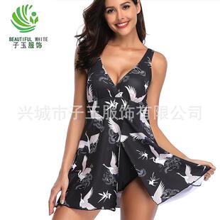 亚马逊泳衣女新款 保守仙鹤印花性感比基尼连体泳衣 欧美大码