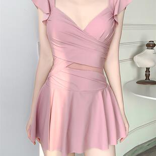 钢托聚拢学生保守泡温泉泳装 新款 游泳衣女士遮肚显瘦连体裙式