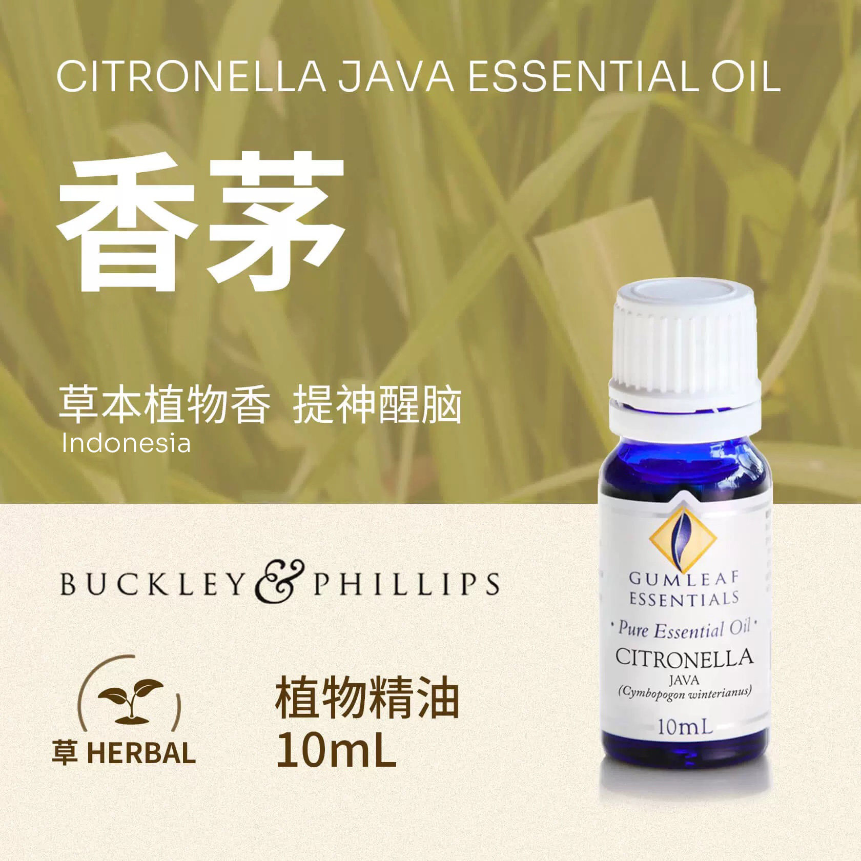 印度尼西亚产爪哇香茅植物精油10mL 驱虫防虫巴克菲利澳洲进口