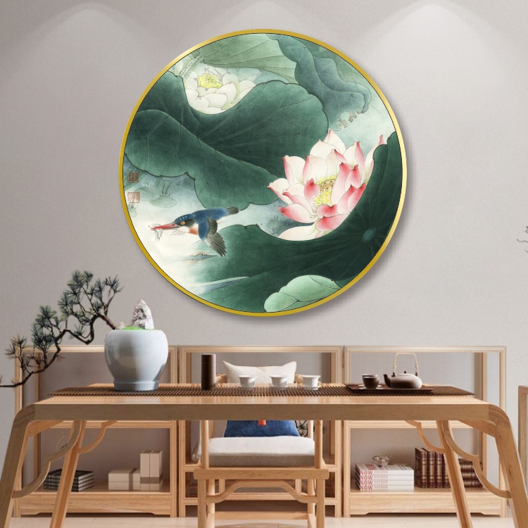 荷花小鸟晶瓷画铝合金圆形客厅沙发墙画玄关装饰画展厅走廊挂画图片