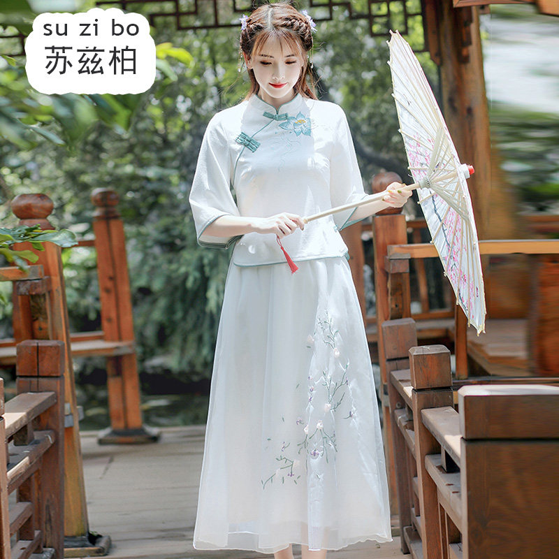 春夏中式唐装民国少女改良旗袍上衣中国风汉服大码棉麻茶服两件套