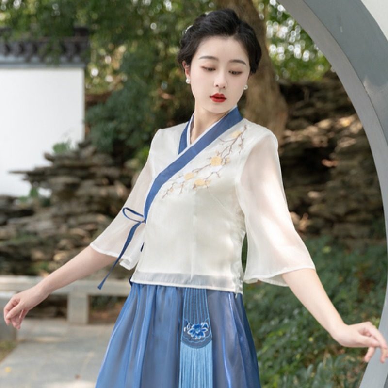新中式汉元素改良汉服女年轻款交领唐装上衣中国风禅意茶艺服套装_虎窝淘