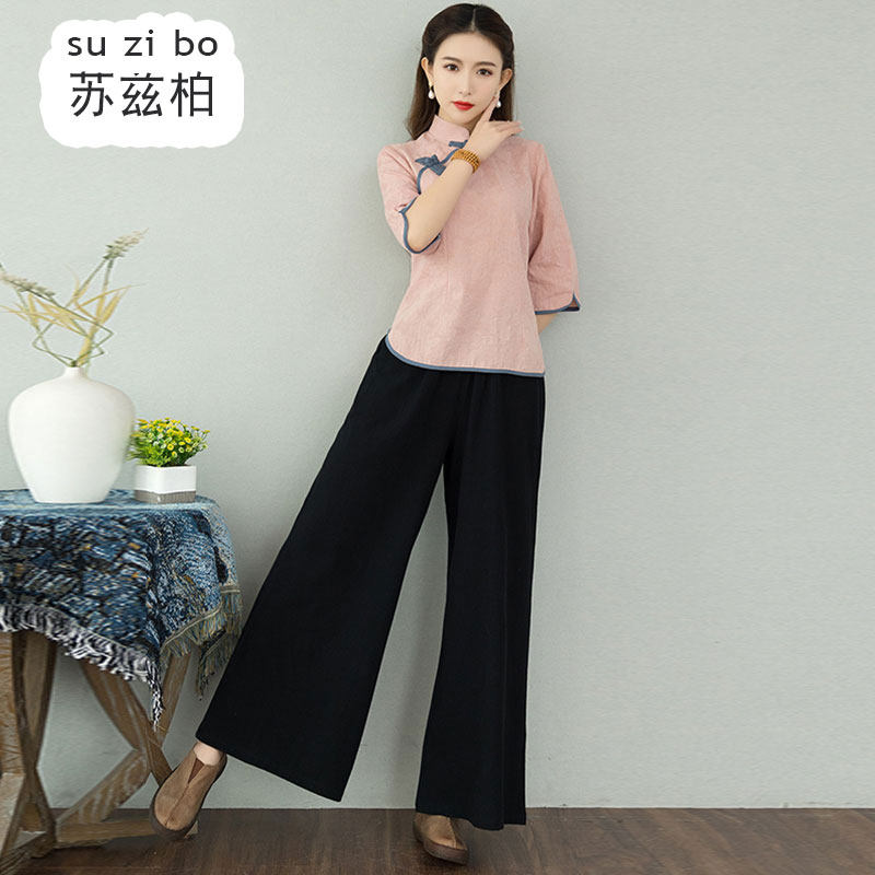 民国风唐装复古汉服中国风禅意上衣棉麻茶服女装两件套采耳工作服