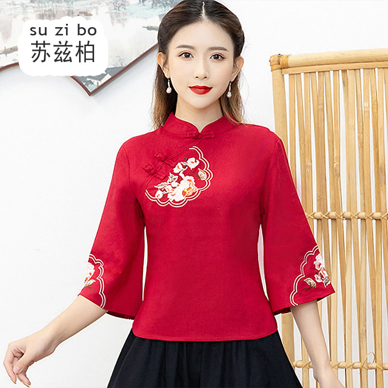 春夏汉服红色唐装民国改良年轻旗袍上衣中国风复古棉麻茶服两件套