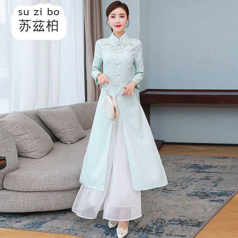 春秋汉服中国风禅意女装改良旗袍仙气长裙中式茶艺服采耳师工作服