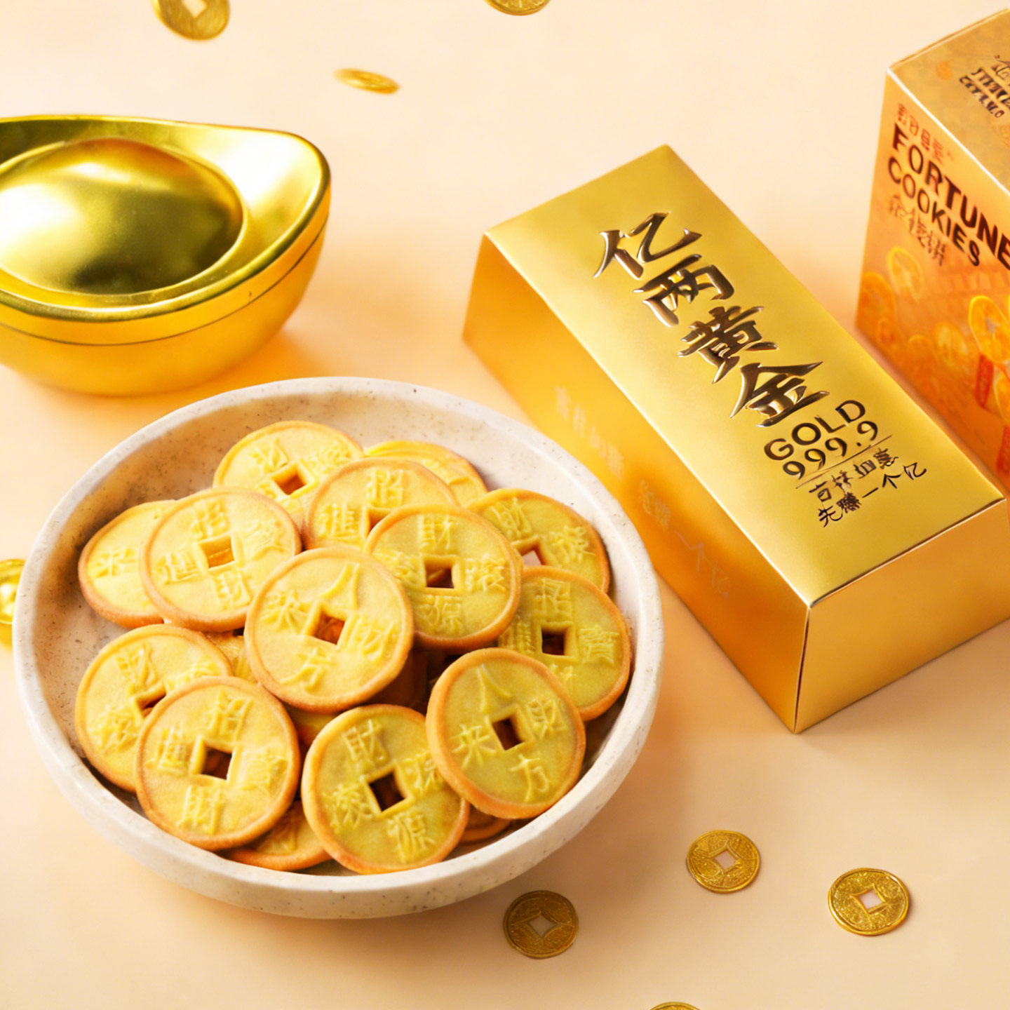 春日喜呈年货金钱饼发财饼干八方来财新年主题喜庆招待小零食送礼