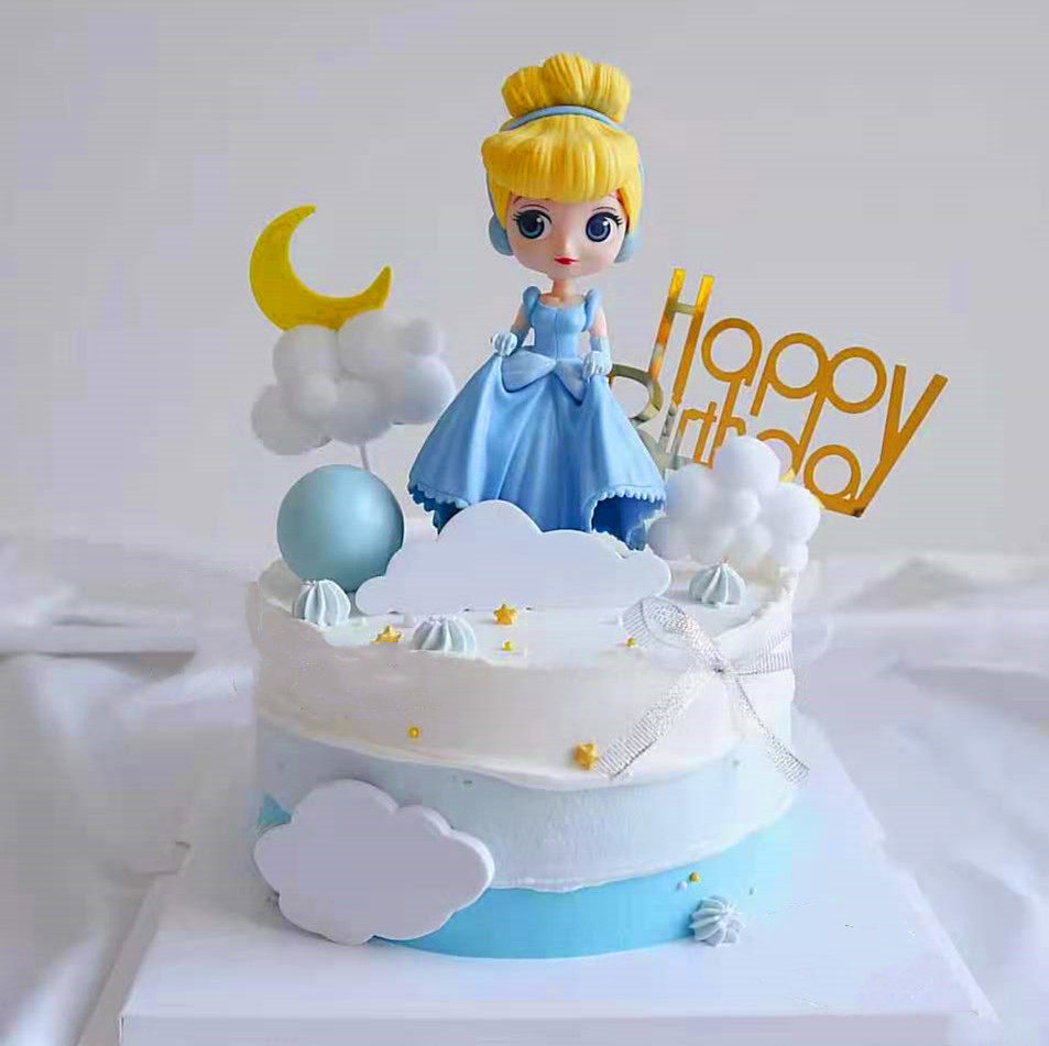 蓝裙辛德瑞拉公主生日蛋糕摆件 女孩灰姑娘卡通玩偶 公仔烘焙装饰