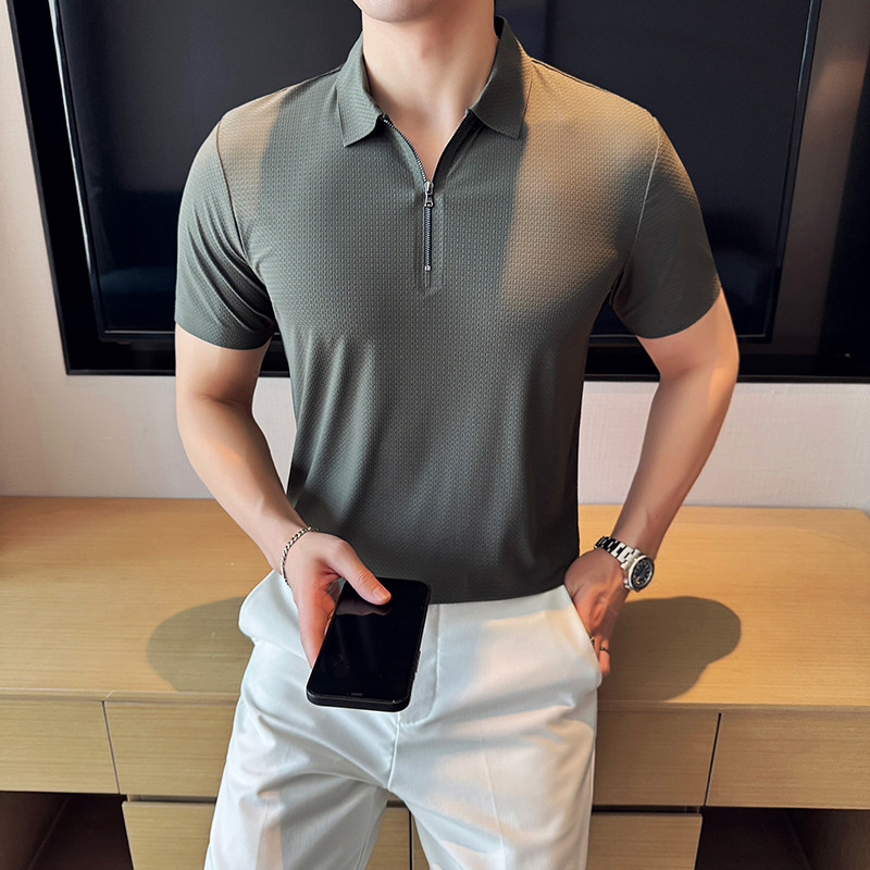 华夫格冰丝无痕PLO衫拉链上衣男短袖2815-P63,男装Polo衫,星座1606