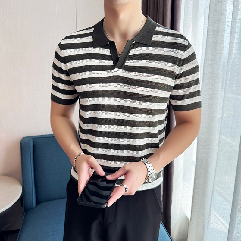 夏季男士PLO衫针织衫V领时尚设计拼色上衣男短袖1235-P55图片
