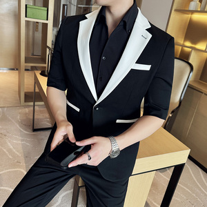 夏季薄款时尚拼接小西装九分裤西服套装2401-P210图片