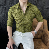 时尚网红蕾丝中袖衬衫新款夏装修身半镂空HF08-P55，男装衬衫，星座1606