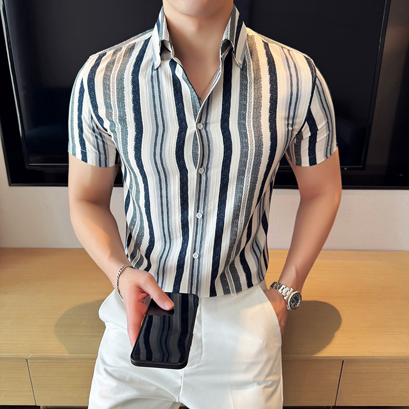 夏季新款韩版修身时尚彩色条纹衬衫短袖上衣男2812-P58,男装衬衫,星座1606