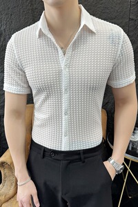 夏款短袖高弹力衬衫纯色高档修身工作服HF03-P55图片
