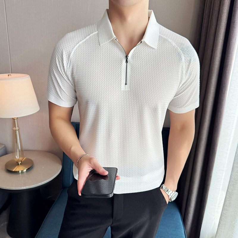 华夫格冰丝无痕PLO衫拉链上衣男短袖2818-P63,男装Polo衫,星座1606