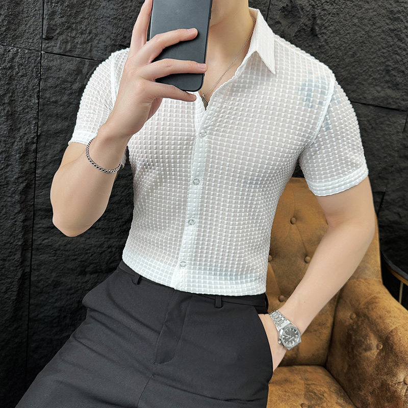 夏款短袖高弹力衬衫纯色高档修身工作服HF03-P55,男装衬衫,星座1606
