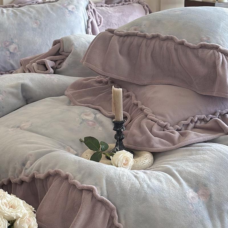 法式覆古加厚牛奶绒四件套公主风荷叶边印花被套冬季保暖高级床单