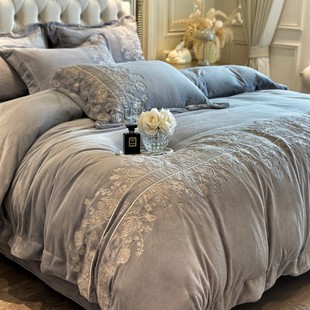 高端加厚牛奶绒款四件套暖冬加绒保暖床单被套珊瑚绒刺绣床上用品