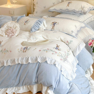 小兔子公主蕾丝刺绣冬季双面加厚保暖牛奶绒四件套毛绒珊瑚绒被套