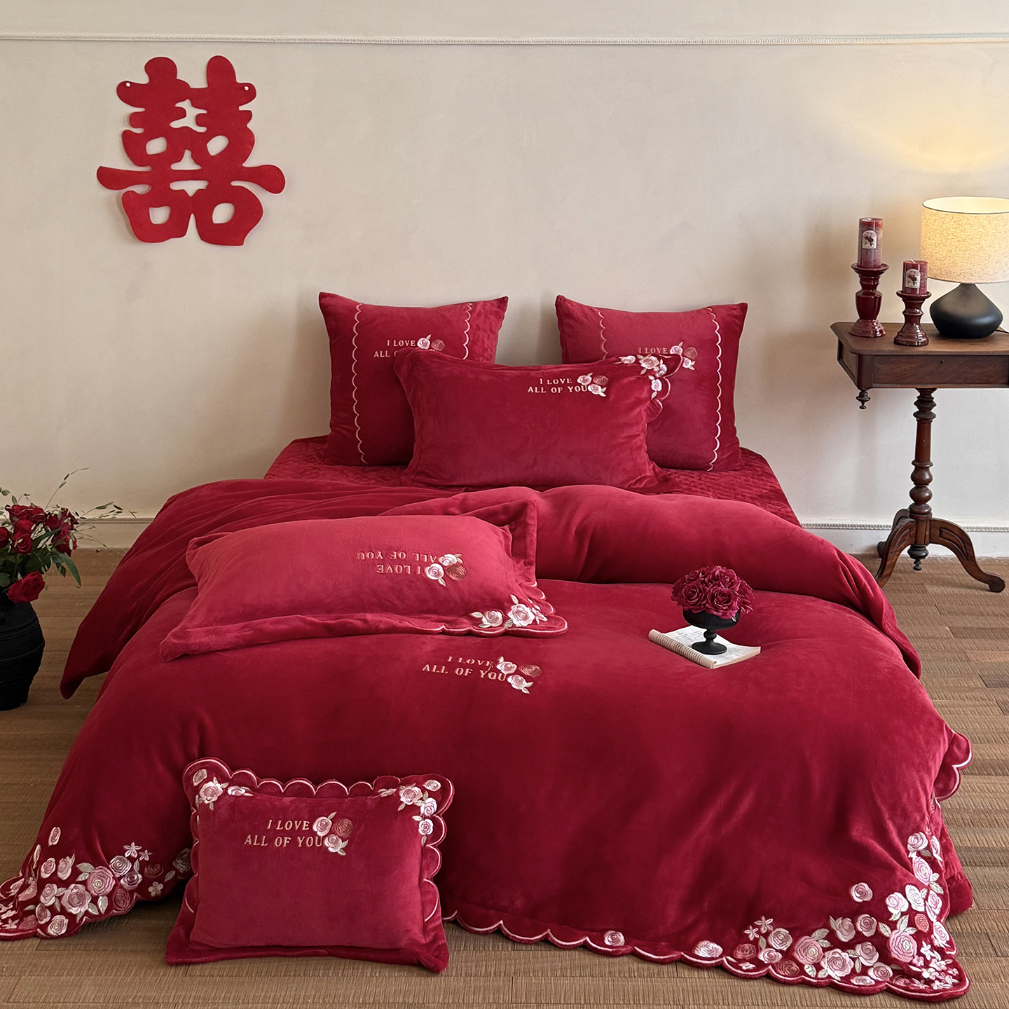 冬季红色婚庆冬季牛奶绒四件套