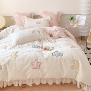 少女心云朵兔兔绒刺绣四件套加厚冬季兔毛绒牛奶绒珊瑚绒床单被套