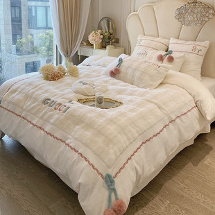 甜美公主牛奶绒四件套冬季加厚被套保暖珊瑚绒立体樱桃兔毛绒刺绣