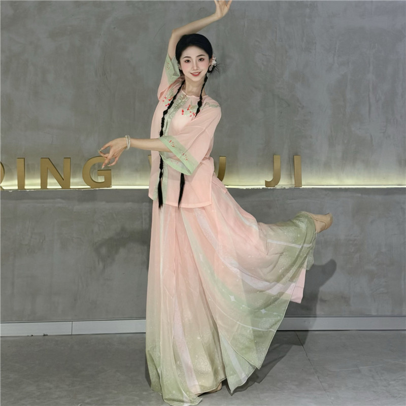 古典舞新中式古风印花纱衣中国风飘逸裤裙舞蹈服民族舞蹈练功服女