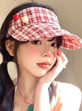 新款甜美小清新格纹空顶帽子女夏季出游遮阳防晒帽显脸小太阳帽潮