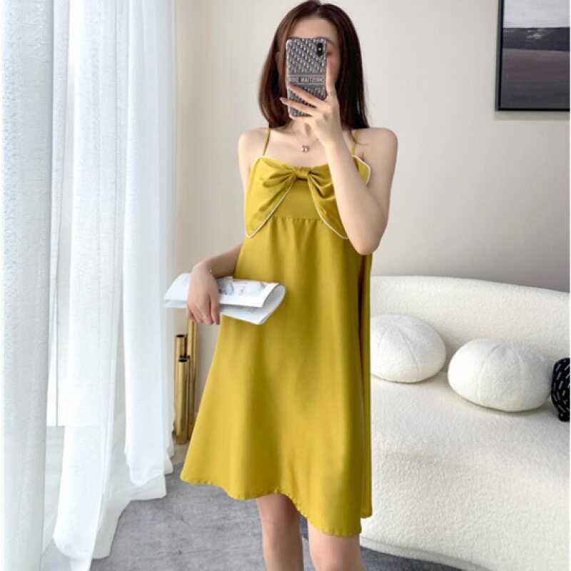 夏季新品睡衣大蝴蝶吊带裙纯色冰雪丝睡裙可爱家居服仿真丝