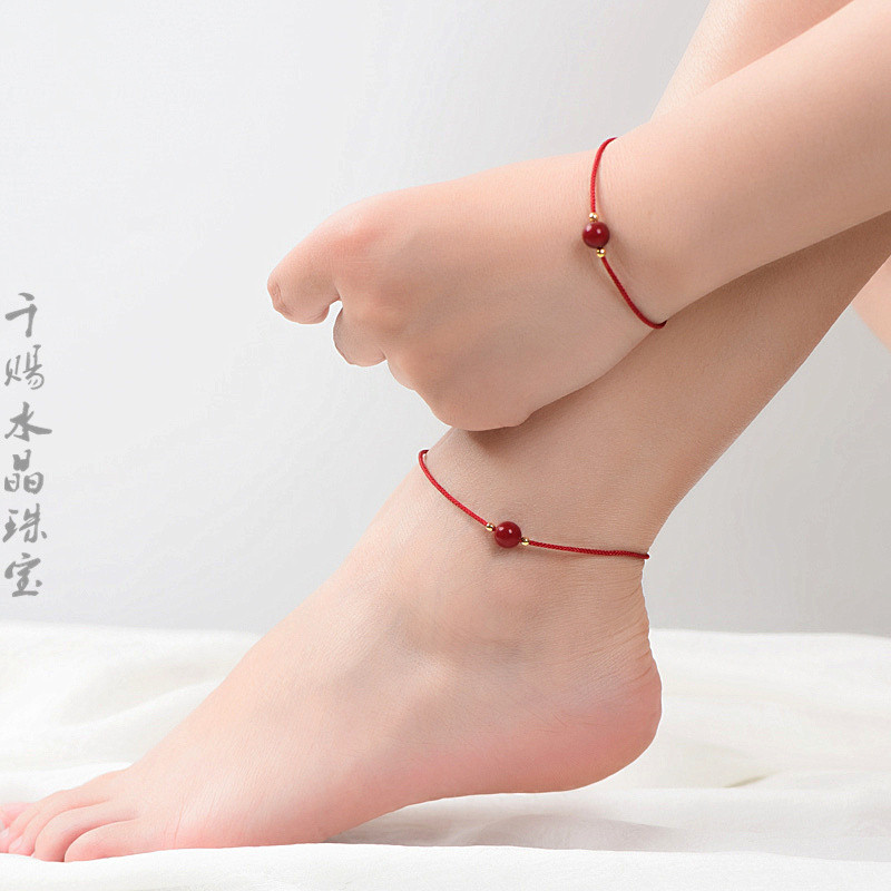 朱砂圆珠红绳脚链女本命年平安手绳简约脚绳ins小众设计饰品脚环