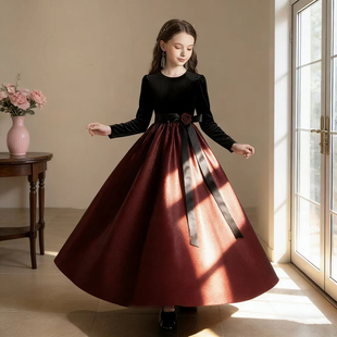 儿童礼服冬季高端黑色长袖绒面女童公主裙小女孩小提琴钢琴演出服