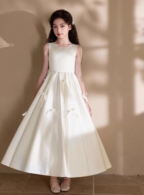 女童主持人礼服花童高级白色缎面钢琴演奏小女孩生日party公主裙