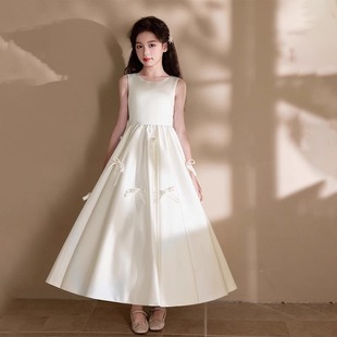 女童主持人礼服花童高级白色缎面钢琴演奏小女孩生日party公主裙