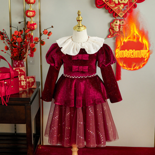 女童红色连衣裙冬主持演出服洋气小女孩新年装儿童丝绒网纱公主裙